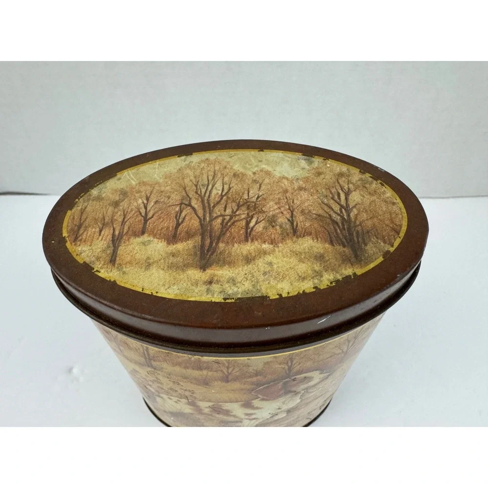 Vintage Hunting Dog Brittany Spaniel Oval Metal Tin Autumn Landscape 5 Inch